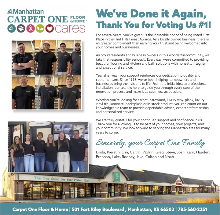 Manhattan Carpet One flooring store in Manhattan, KS, appreciation for first place in the Flint Hills Finest Awards.